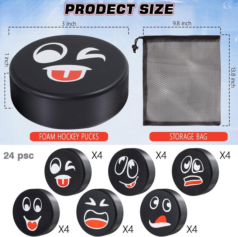 Retrora 24 Pcs Foam Ice Hockey Pucks with Emotions Faces & Mesh Bag - Mini Indoor 3" Funny Hockey Pucks for Practice, Training, Birthday Party Favors & Fun Gift Decoration - Image 2